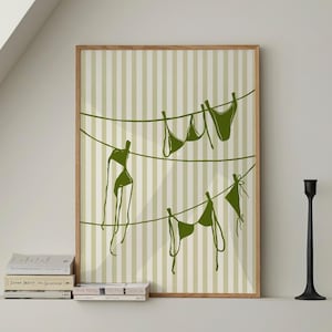 Bikini Print Green Pink Beachy Wall Art, Coastal Aesthetic Poster, Summer Digital Print, Bikini stripe print Trendy Wall Art, Preppy Print
