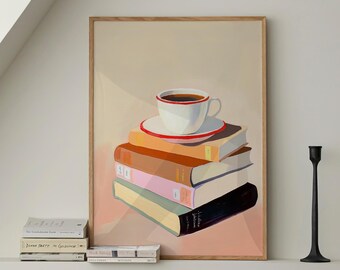 Library Books Print, Trendy Pink Wall Art (Digital Print)