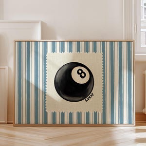 Vintage 8 poolbalprint, retro handgetekende muurkunst, trendy barwagenposter, blauwe streep esthetische print voor appartement digitale download