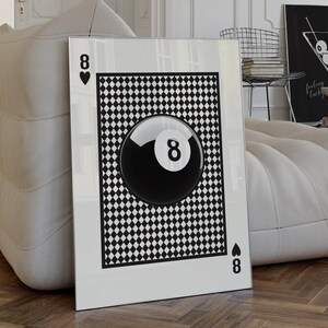 Stampa vintage con 8 palle da biliardo, carta da gioco retrò, arte murale, poster per carrello bar alla moda, stampa estetica in bianco e nero per appartamento, download digitale