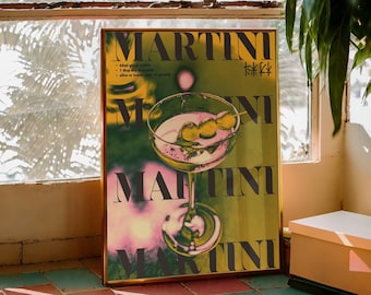 May include: A vintage-style poster with a yellow, green, and pink color scheme. The poster features a martini glass with olives and the word "MARTINI" in large, bold letters. The text on the poster includes the ingredients for a martini.