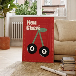 Vintage cherry 8 poolbal print poster, retro handgetekende muurkunst, trendy barwagen poster, esthetische print voor appartement digitale download