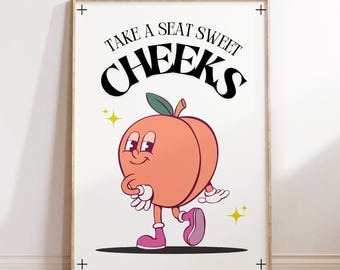 Funny Peach Bum Toilet Poster, Retro Bathroom Art (Digital Download)