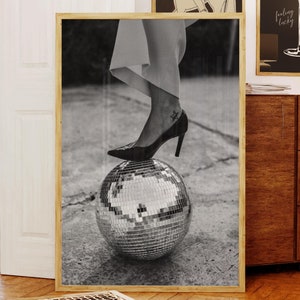 Póster de fiesta, arte de los años 70, arte de pared negro, impresión de bola de discoteca, póster psicodélico, póster vintage, arte de pared imprimible, póster retro, arte de pared psicodélico