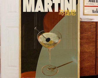 May include: A vintage-style poster advertising Martini, a cocktail made with gin and vermouth. The poster features a martini glass with an olive garnish and the text "MARTINI" in bold, black letters. The text "马提尼" is also included in smaller, red letters.