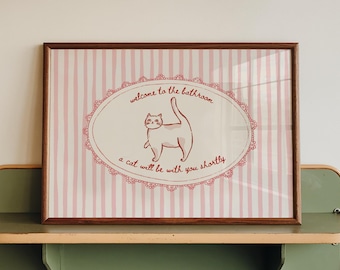 Divertente quadro da parete per il bagno con gatto, decorazione vintage rosa per il bagno, poster originale (stampa fisica)