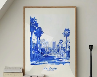 Los Angeles Travel Poster, Retro california Print, Navy Blue Trendy Wall Art, Hand Drawn Sketch, summer poster, Digital Print, Printable Art