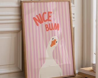 Goose Wall Art Print: Coquette bathroom decor, Pink Sage green Stripes Nice Bum Poster