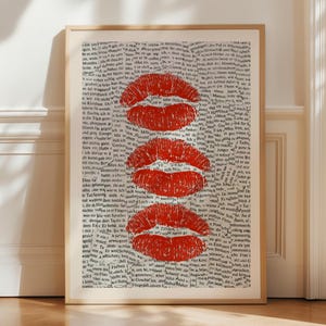 Kiss Lips Wall Art Print , Red Kisses newspaper Digital Print, Trendy Printable Poster, Girly Print, Coquette Decor, Apartment Aesthetic