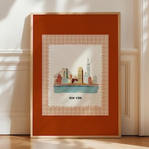 Póster vintage de Nueva York, impresión retro de los años 70, arte mural de rayas, impresión digital dibujada a mano, póster de ciudad imprimible.