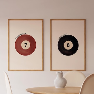 set van 2 vintage 8 poolball print retro handgetekende muurkunst trendy barwagen poster, esthetische print appartement fotowand digitale download