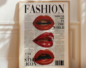 Vogue Style red newspaper Poster, retro red kiss lips Wall Art, vintage 70s fashion Printable wall art print, aesthetic preppy trendy print