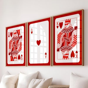 Set of 3 Wall Art set Ace of Hearts Print queen of heart Playing Card Poster retro Trendy Art Bar Decor Print Gift Modern Home Gallery Wall