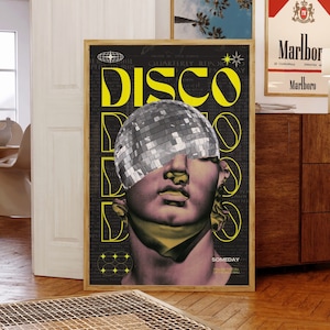 70s Psychedelic Room Decor, trendy greek wall art, y2k retro vintage art prints-trippy disco ball party poster digital download, surreal art