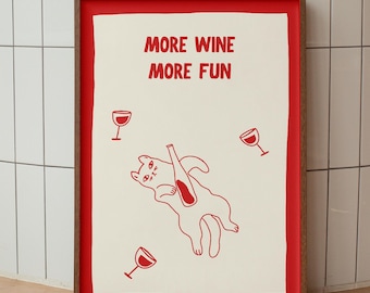 Lámina artística de gato bebiendo vino, decoración minimalista retro (descarga digital)