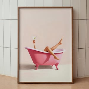 Lindo arte de pared para baño Divertido arte de pared para baño Impresión de arte de pared minimalista de moda rosa femenino Póster de martini Póster de baño Descarga digital