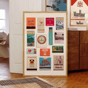 Vintage Matchbox Print, Modny plakat z zapałkami, Retro USA Matchbox Wall Art, Funky Red Aesthetic Print bar cart kitchen, Pobieranie cyfrowe