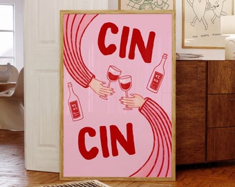 May include: Pink and red illustration of two hands holding glasses of wine with the text "CIN CIN" in red letters. The background is pink with red stripes.