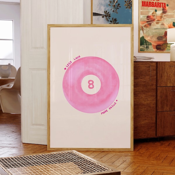 Vintage 8 Pool Ball Print, Retro Hand-Drawn Wall Art, Trendy Bar Cart Poster, pink dorm room  Aesthetic Print for Apartment Digital Download