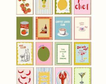 Puede incluir: Una colección de láminas artísticas enmarcadas con temática culinaria. Las láminas presentan ilustraciones de tomates, limones, café, vino y cócteles. El texto incluye "POMODORO", "yes chef", "Tomato Soup", "COFFEE LOVER CLUB", "WINE CLUB", "OLIVE YOU", "THIS KITCHEN IS FOR DANCING" y "Drink up!".