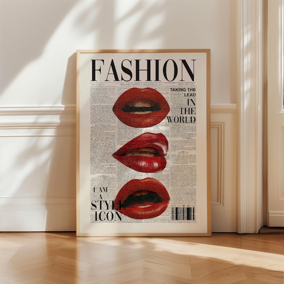 Vogue Style Red Newspaper Poster, Retro Red Kiss Lips Wall Art