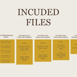 May include: A digital print file information sheet with the text "INCUDED FILES" in brown. The sheet lists file sizes in inches and centimeters, including ISO International Paper sizes and various ratio files like 2x3, 3x4, and 4x5.