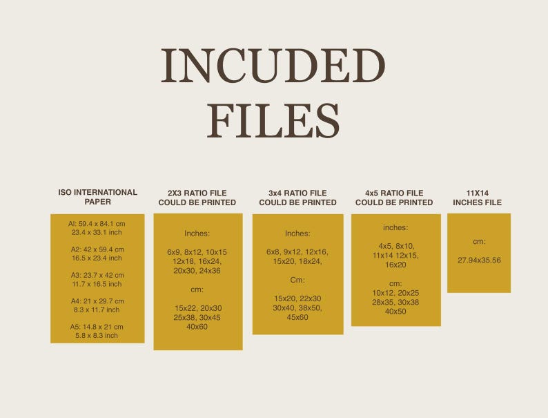 May include: A digital print file information sheet with the text "INCUDED FILES" in brown. The sheet lists file sizes in inches and centimeters, including ISO International Paper sizes and various ratio files like 2x3, 3x4, and 4x5.