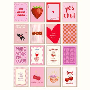 pink red Dopamine 16 print set, Gallery Wall Set, Trendy Posters, Maximalist Digital Bundle, Funky Retro Printable Wall Art Dorm Room Decor