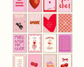 Pink Red Gallery Wall Art Print Set, Retro Dorm Decor (Digital Download)