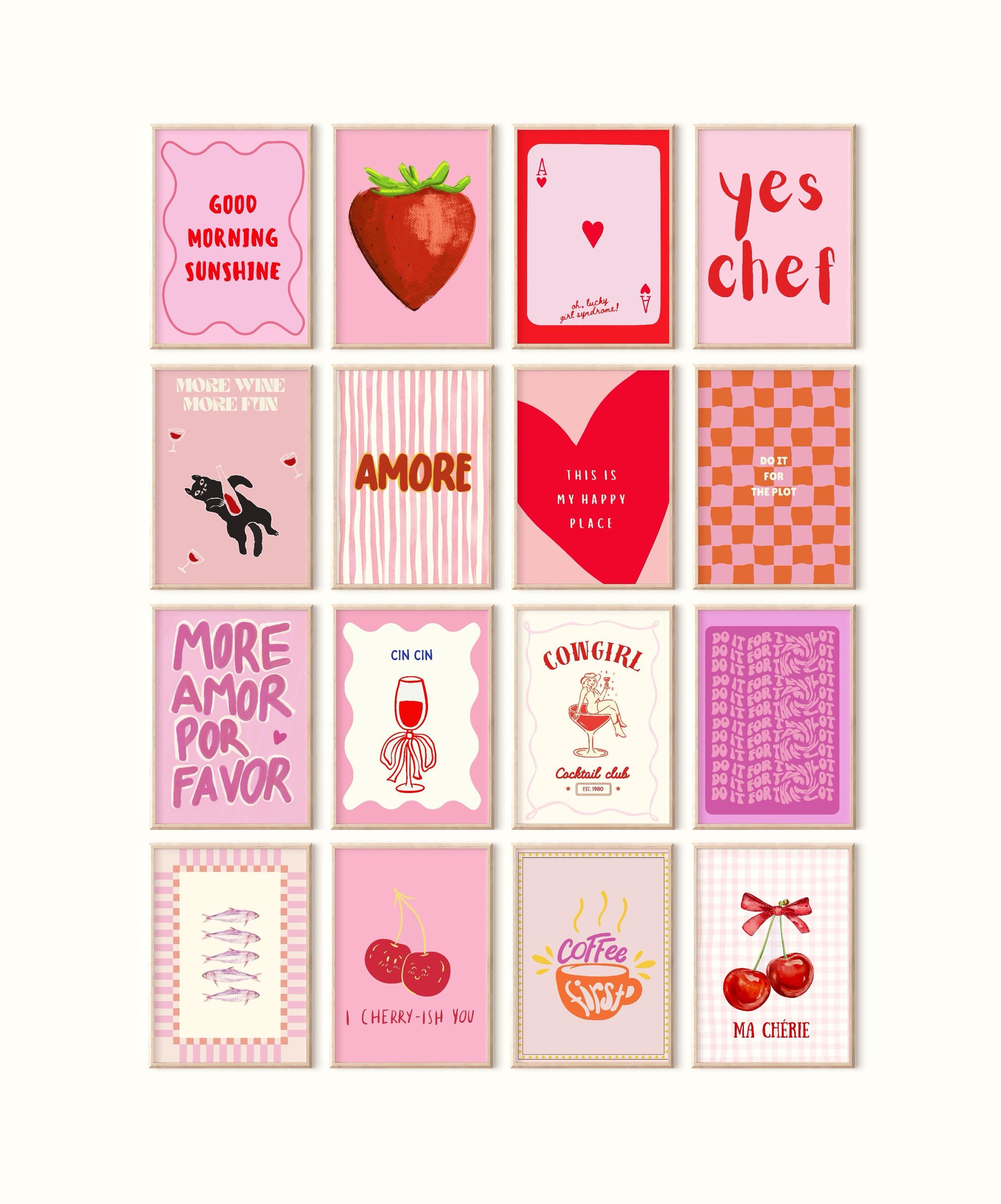 Pink Red Gallery Wall Art Print Set, Retro Dorm Decor (digital