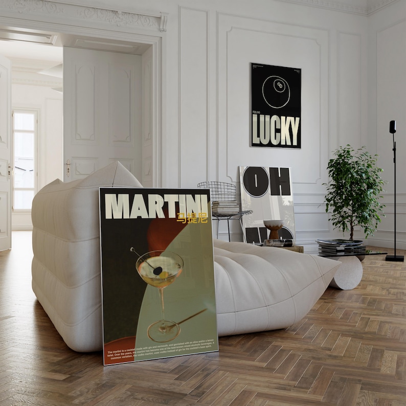 May include: A vintage-style poster advertising Martini & Rossi with a martini glass filled with a green olive and a gold straw. The poster is in black, white, and green with the text "MARTINI" in white and "& ROSSI" in gold.