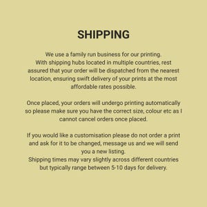 May include: A light yellow informational graphic with the bold black heading SHIPPING. The text explains that orders are printed by a family-run business, dispatched from multiple global hubs, and cannot be canceled once placed. Customization requires a message.