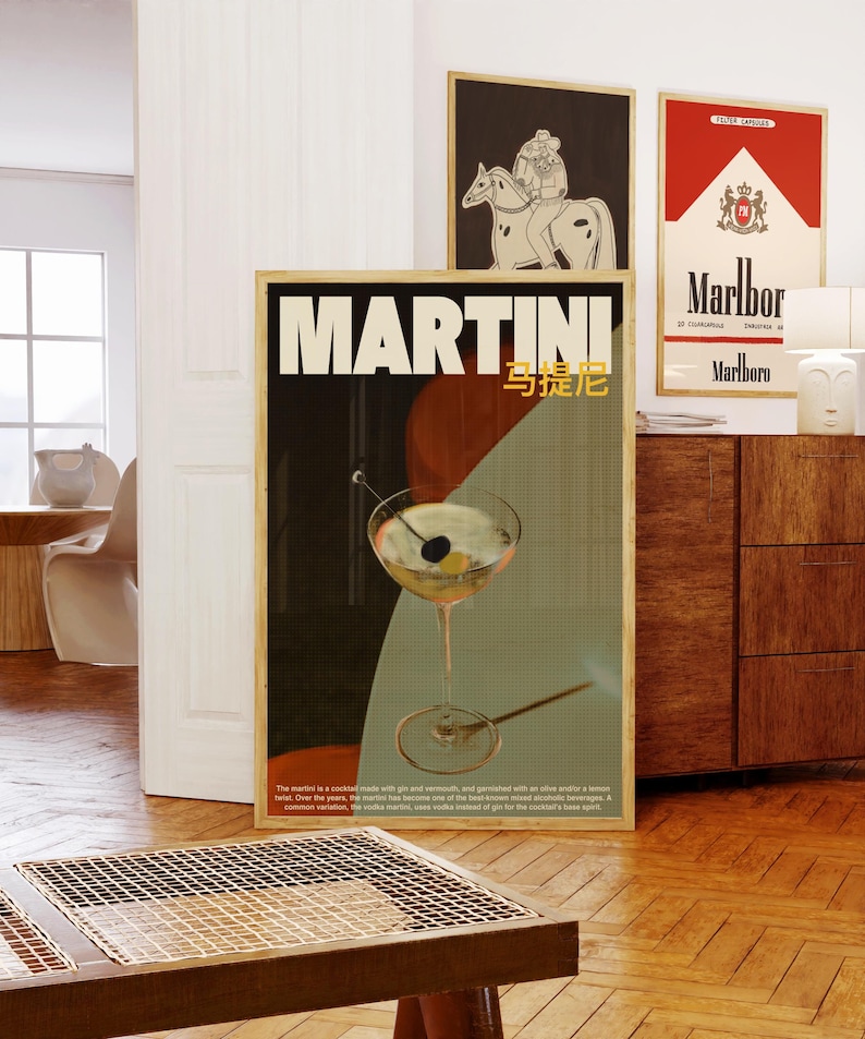 May include: A vintage-style poster advertising Martini, a cocktail made with gin and vermouth. The poster features a martini glass with an olive garnish and the text "MARTINI" in bold, black letters. The text "马提尼" is also included in smaller, red letters.