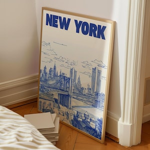 Retro NYC Travel Print: Blue New York City Wall Art (Digital Download)