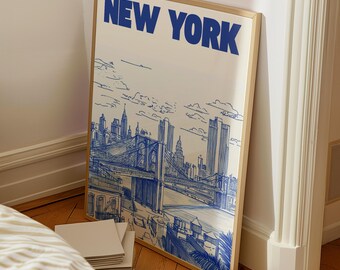 Retro NYC Travel Print: Blue New York City Wall Art (Digital Download)