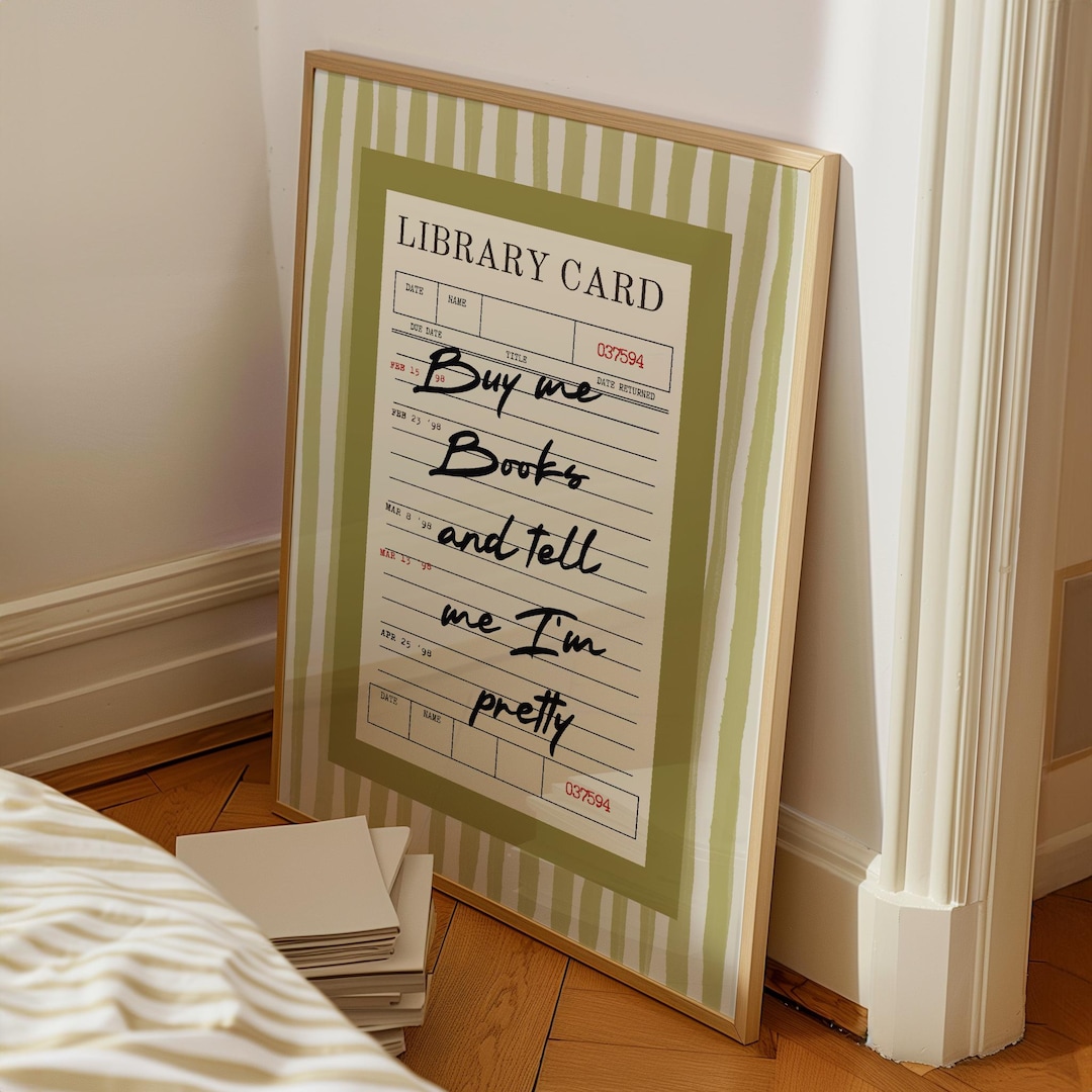 Green Library Card Book Lover Wall Art: Aesthetic Poster, Reading Quote ...