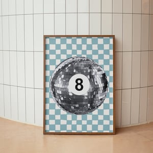 Vintage 8 biljartbalprint, retro handgetekende muurkunst, trendy barwagenposter, zwart-wit esthetische print voor appartement digitale download
