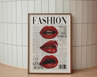 Vogue Style Red Newspaper Poster, Retro Red Kiss Lips Wall Art