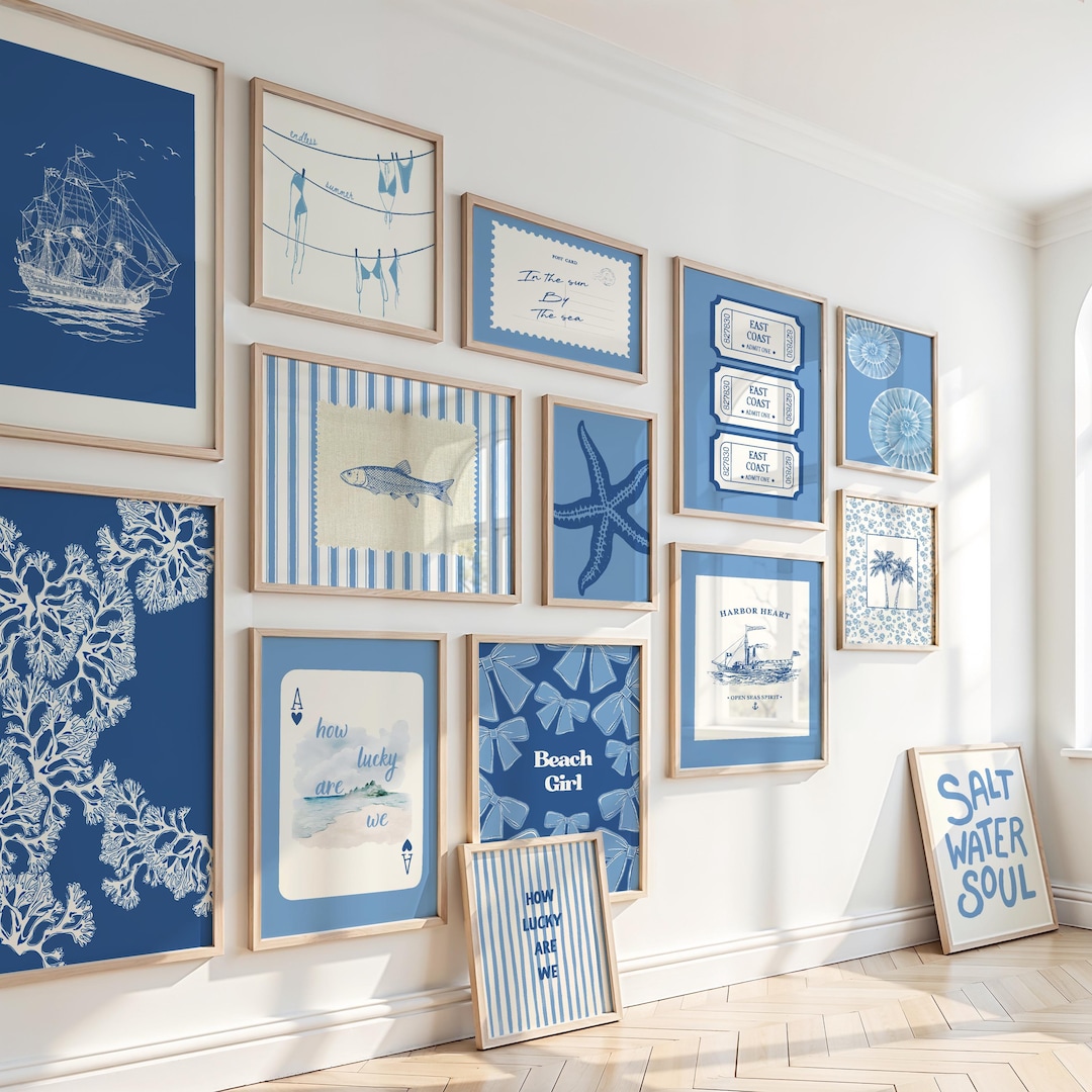 Vintage Blue Coastal Gallery Wall Art Set, Nautical Beach House Decor ...