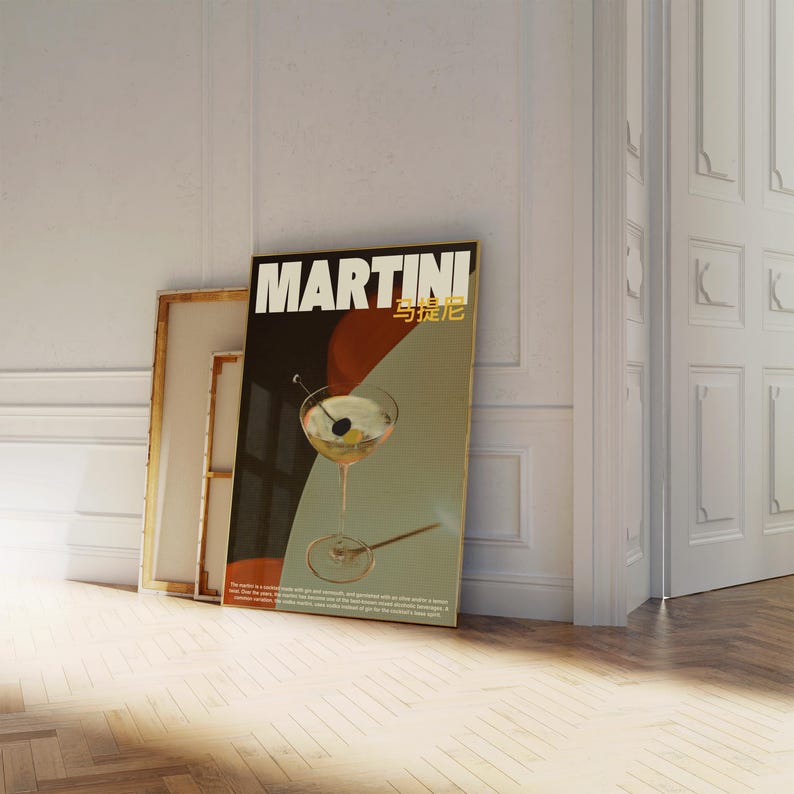 May include: A vintage-style poster advertising Martini & Rossi with the text "MARTINI & ROSSI" in white letters on a black background. The poster features a martini glass with a green olive and a gold stirrer. The background is a mix of red, orange, and green colors.