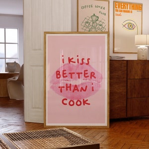 Beso mejor que cocino Póster, Póster de los años 70, Arte de pared rosa, Póster de cena, Decoración de pared de cocina, Arte de pared psicodélico, Impresión retro