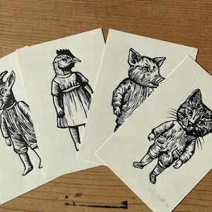 Che animale sei? Linoprint. Cartoline  stampate a mano