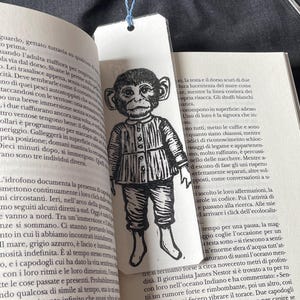 Linoprint, handprinted bookmark monkey