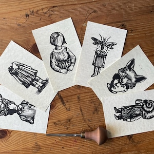 Ordinary people, linoprint, cartoline stampate a mano in serie limitata su carta pergamena, numerata e firmata