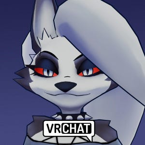 Może przedstawiać: Cyfrowa ilustracja postaci podobnej do wilka z białym i szarym futrem, czerwonymi oczami i czarnym nosem. Postać nosi obrożę z ćwiekami i tekst "VR CHAT" w białym dymku.