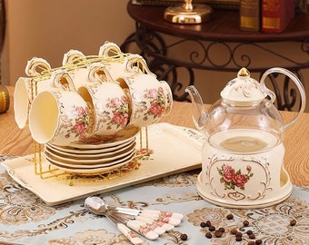 European ceramic flower tea set | glass fruit and flower teapot | heat-resistant glass teapot | afternoon tea tea set | tea party tea set