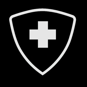 May include: A white shield with a white cross in the centre. The shield is a symbol of protection and safety.
