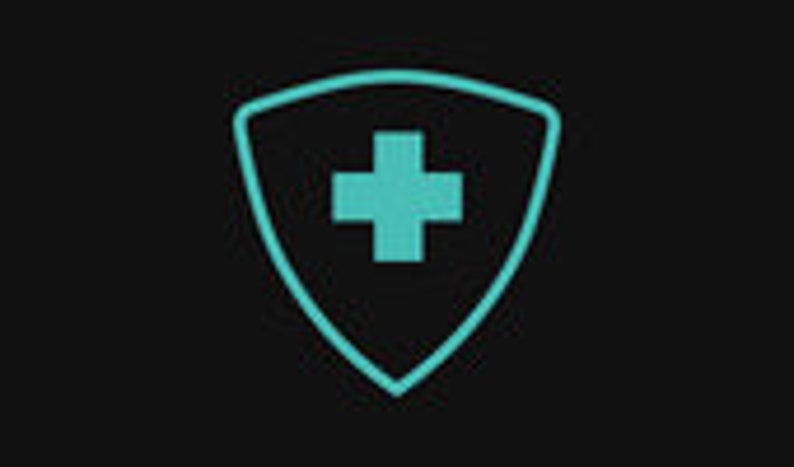 May include: A teal blue shield with a white plus sign in the centre. The shield is a symbol of protection and safety.