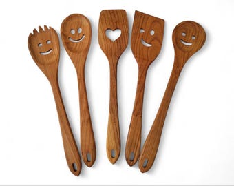 Handmade Cherry Wood Cooking Utensils: Smiley Face Spoons, Eco-Friendly Kitchenware