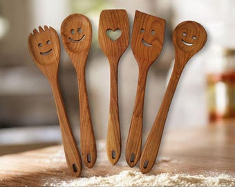 Handmade Cherry Wood Cooking Utensils: Smiley Face Spoons, Eco-Friendly Kitchenware